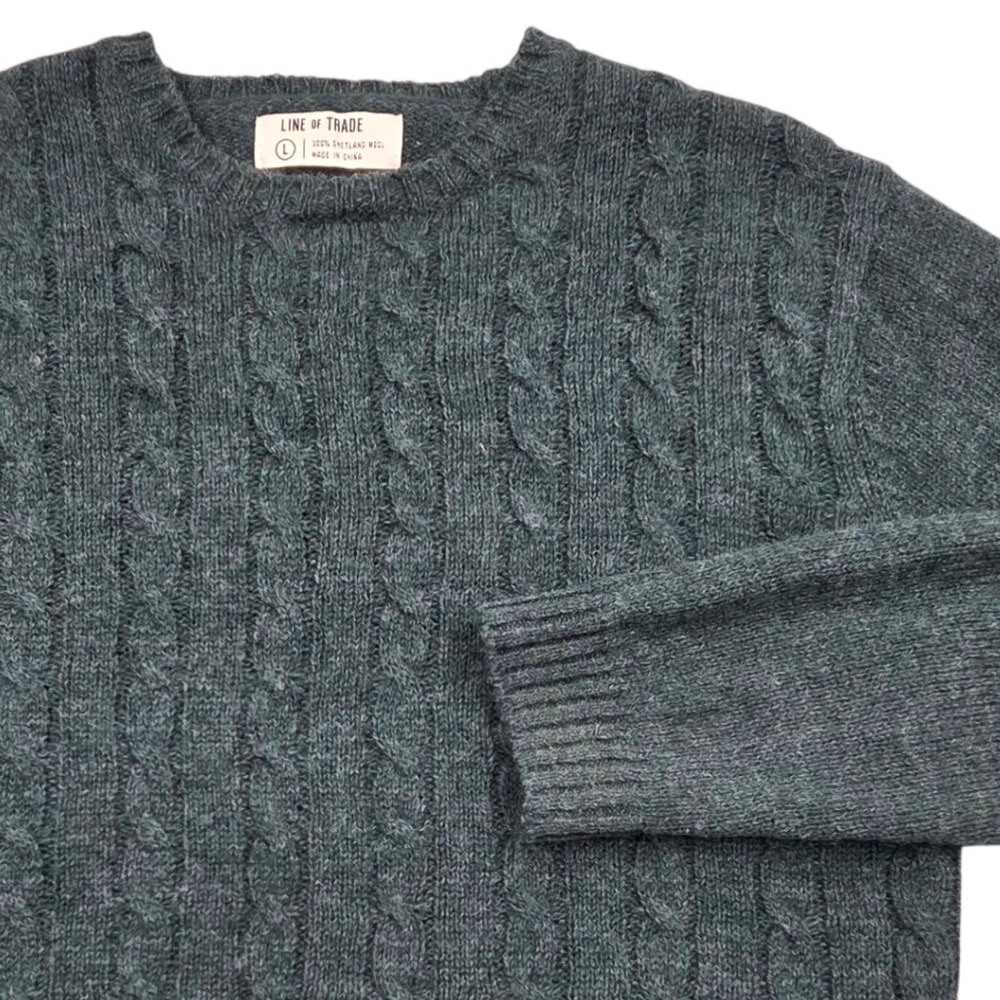 Line of Trade 100% Shetland Wool Cable Knit Sweater Dark Green Mens Large